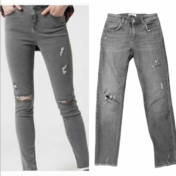 Zara Denim - Zara Trafaluc Denimwear Black Grey Distressed Stretch Jeans Raw Hem Size 10
